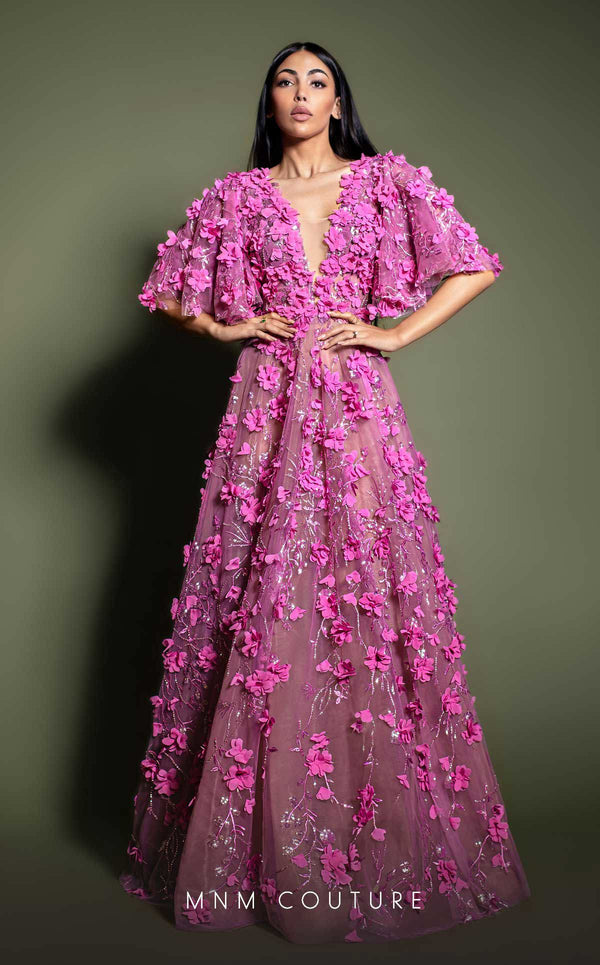 MNM Couture K4198 A-line dress featuring ruffle sleeves, a translucent V neckline, and exquisite floral and sequin embellishments all over. | Couture Shop LA