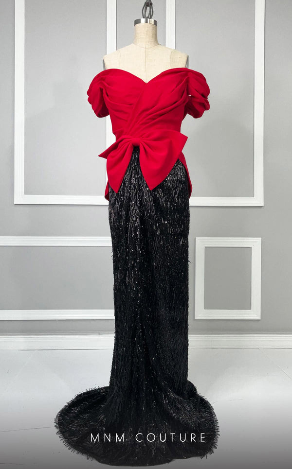 MNM Couture K4203 column dress featuring cap ruffle sleeves, a sweetheart neckline, and exquisite embellishments with a dramatic train. | Couture Shop LA
