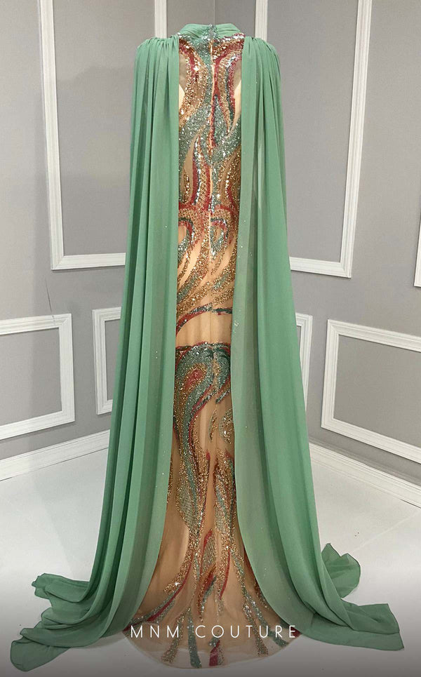 MNM Couture K4211 straight cut dress featuring capes from the neckline and stunning embellishments of sequins and beads. | Couture Shop LA