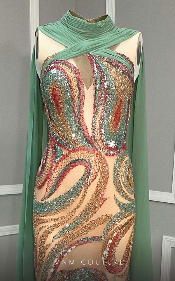 MNM Couture K4211 straight cut dress featuring capes from the neckline and stunning embellishments of sequins and beads. | Couture Shop LA