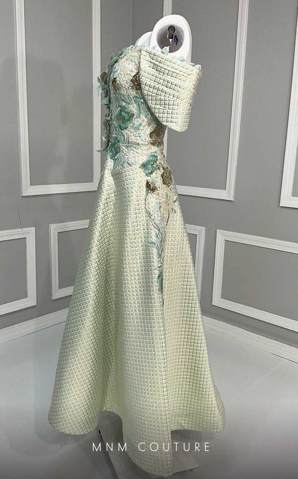 MNM Couture K4217 tea-length dress featuring cap sleeves and beautiful embroidery with sequins and fabric flowers. | Couture Shop LA