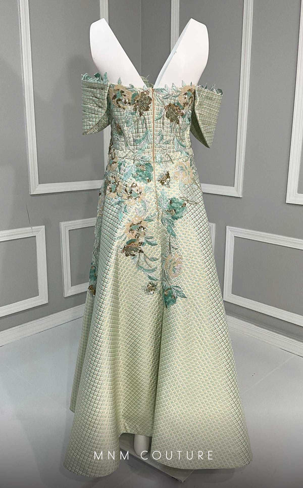 MNM Couture K4217 tea-length dress featuring cap sleeves and beautiful embroidery with sequins and fabric flowers. | Couture Shop LA