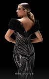 MNM Couture K4218 black mesh embroidered gown with organza ruffle and semi-trumpet silhouette | Couture Shop LA