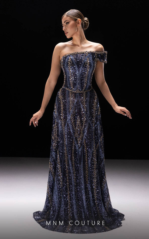MNM Couture K4240 lilac mesh embroidered corset gown with off-shoulder cap sleeve | Couture Shop LA