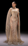 MNM Couture K4241 beige mesh embroidered gown with boned corset and cape train | Couture Shop LA