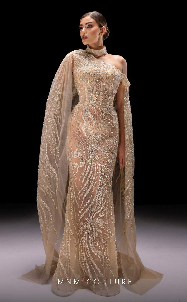 MNM Couture K4241 beige mesh embroidered gown with boned corset and cape train | Couture Shop LA