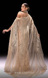 MNM Couture K4241 beige mesh embroidered gown with boned corset and cape train | Couture Shop LA