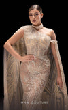 MNM Couture K4241 beige mesh embroidered gown with boned corset and cape train | Couture Shop LA