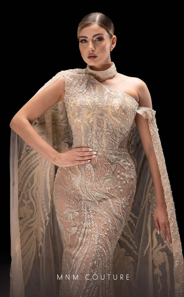 MNM Couture K4241 beige mesh embroidered gown with boned corset and cape train | Couture Shop LA
