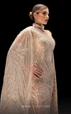 MNM Couture K4241 beige mesh embroidered gown with boned corset and cape train | Couture Shop LA