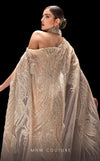 MNM Couture K4241 beige mesh embroidered gown with boned corset and cape train | Couture Shop LA