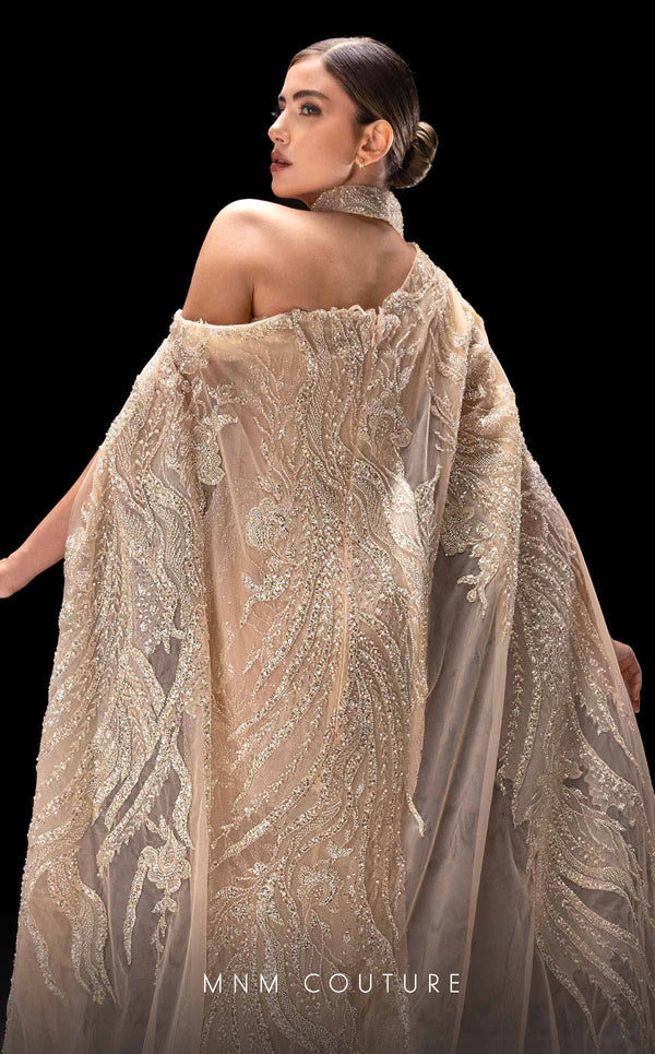 MNM Couture K4241 beige mesh embroidered gown with boned corset and cape train | Couture Shop LA