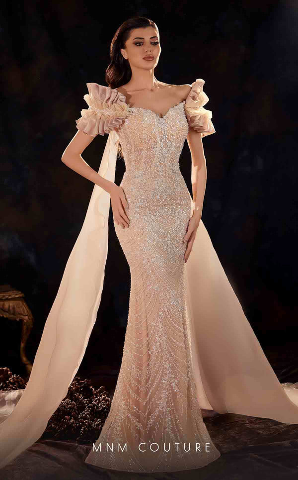MNM Couture K4254 beige embroidered column gown with pleated cap sleeves and organza capes | Couture Shop LA
