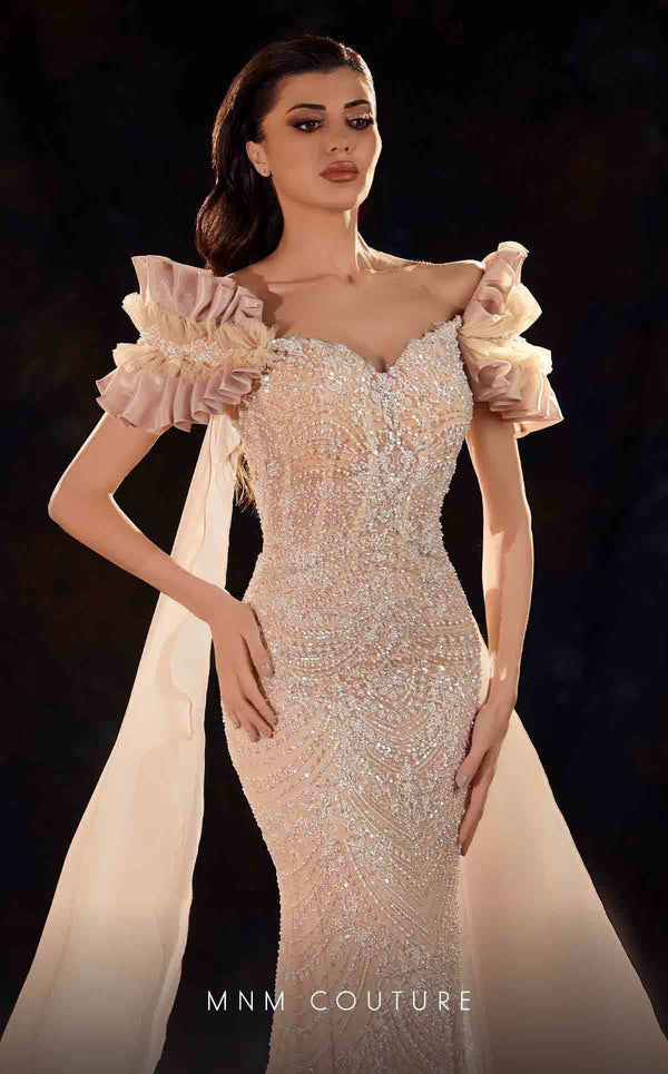 MNM Couture K4254 beige embroidered column gown with pleated cap sleeves and organza capes | Couture Shop LA