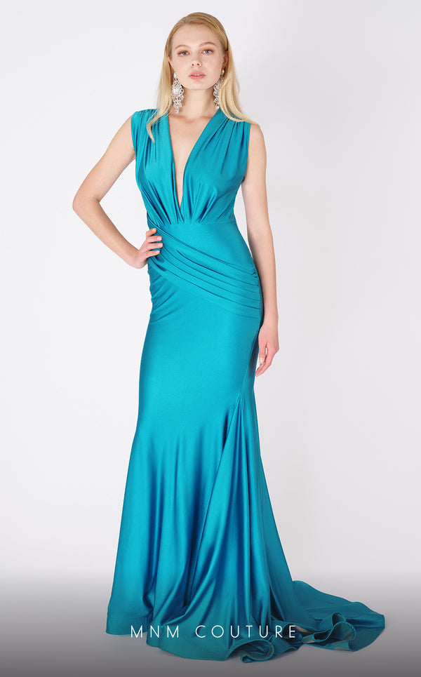 MNM Couture L0001 sleeveless mermaid dress with plunging neckline and flowing draped train. | Couture Shop LA