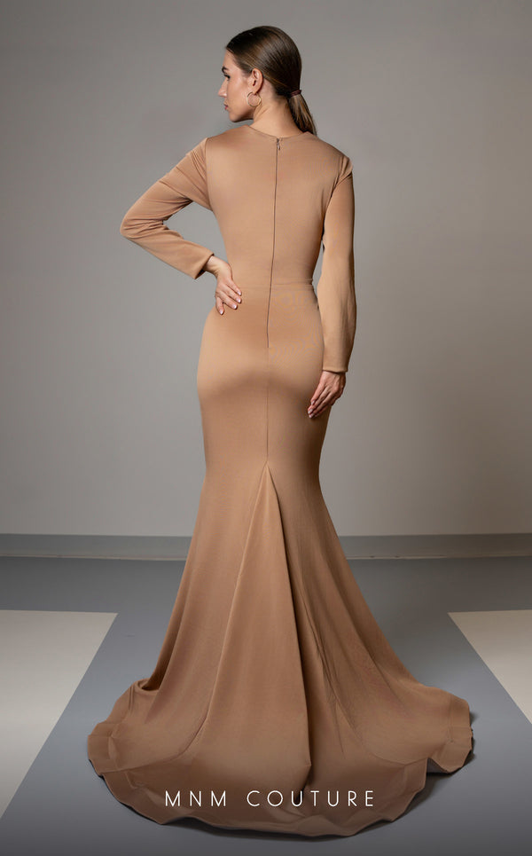 GLAM By MNM Couture L0002E maxi dress with long sleeves, V-neck, and flattering waist draping. | Couture Shop LA