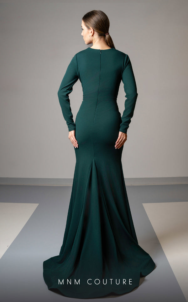 GLAM By MNM Couture L0002F mermaid maxi dress with V-neckline, long sleeves, and draped design. | Couture Shop LA