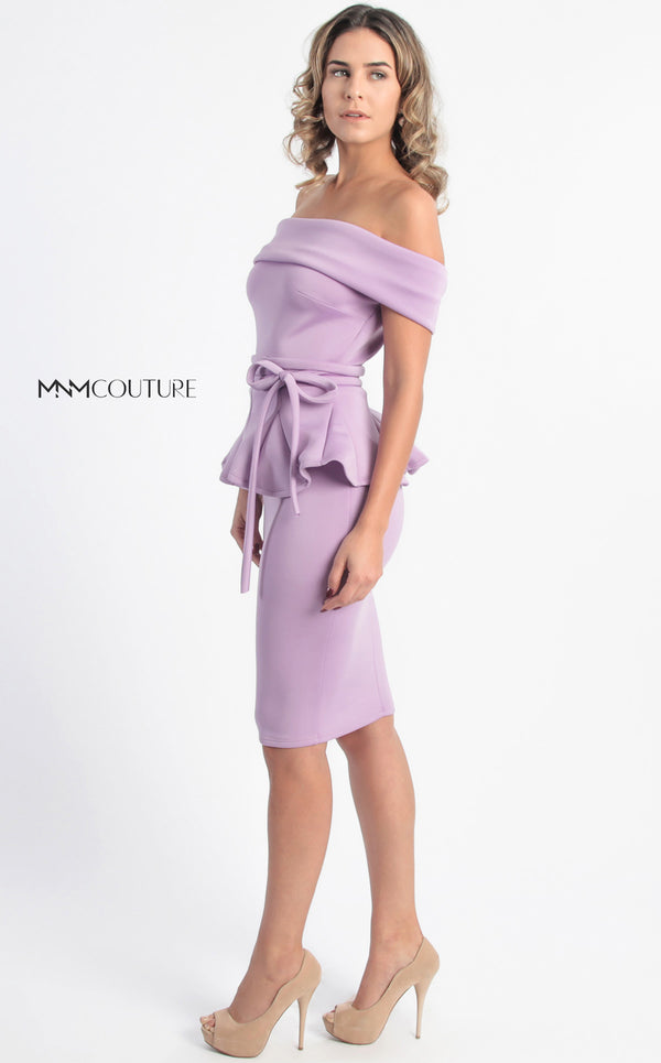 MNM Couture L0003 knee-length strapless dress with ribbon accent and peplum design. | Couture Shop LA