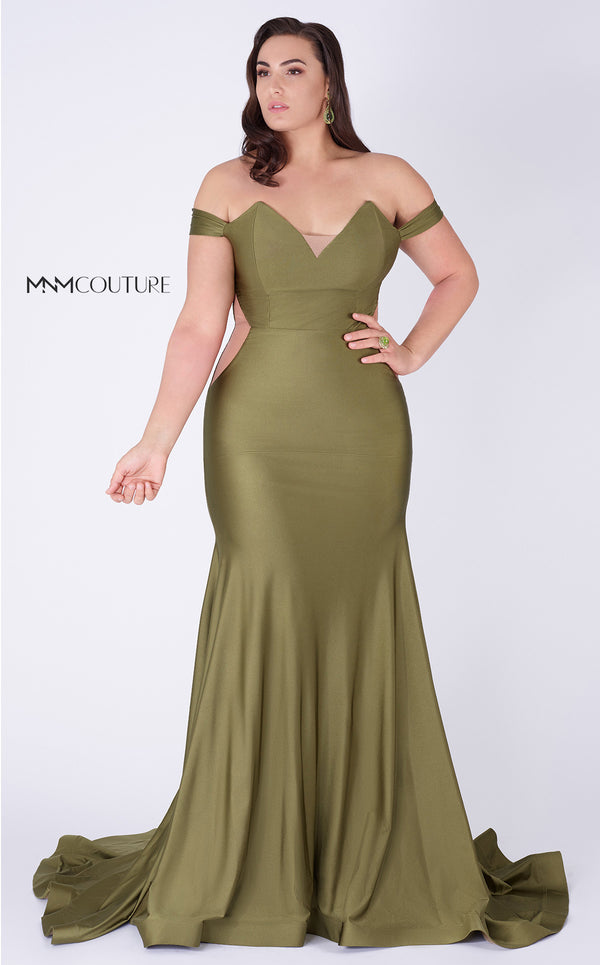 MNM Couture L0044 mermaid gown with off-shoulder cuffs, triangular neckline, and illusion cutout details. | Couture Shop LA