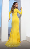 MNM Couture L0047 long-sleeve gown with ruched detailing, jewel neckline, and high-slit sweeping train. | Couture Shop LA