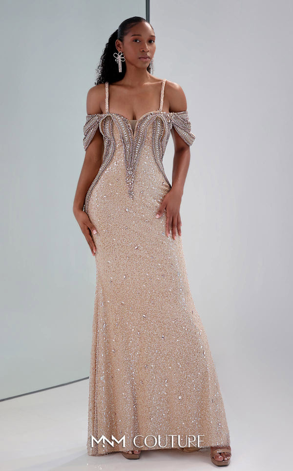 MNM Couture M0023 embroidered tulle mermaid gown with sequins, beads, and a flowing sweep train. | Couture Shop LA