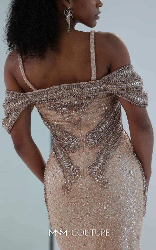 MNM Couture M0023 embroidered tulle mermaid gown with sequins, beads, and a flowing sweep train. | Couture Shop LA