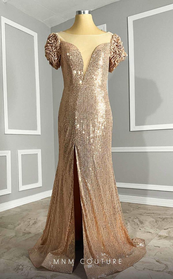 MNM Couture Style M0075 dress featuring sequin embroidery, illusion deep V-neckline, semi-flared silhouette, and ruffle cap sleeves. / Couture Shop LA