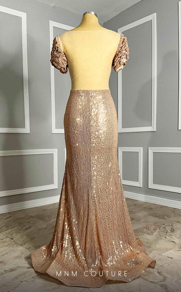 MNM Couture Style M0075 dress featuring sequin embroidery, illusion deep V-neckline, semi-flared silhouette, and ruffle cap sleeves. / Couture Shop LA