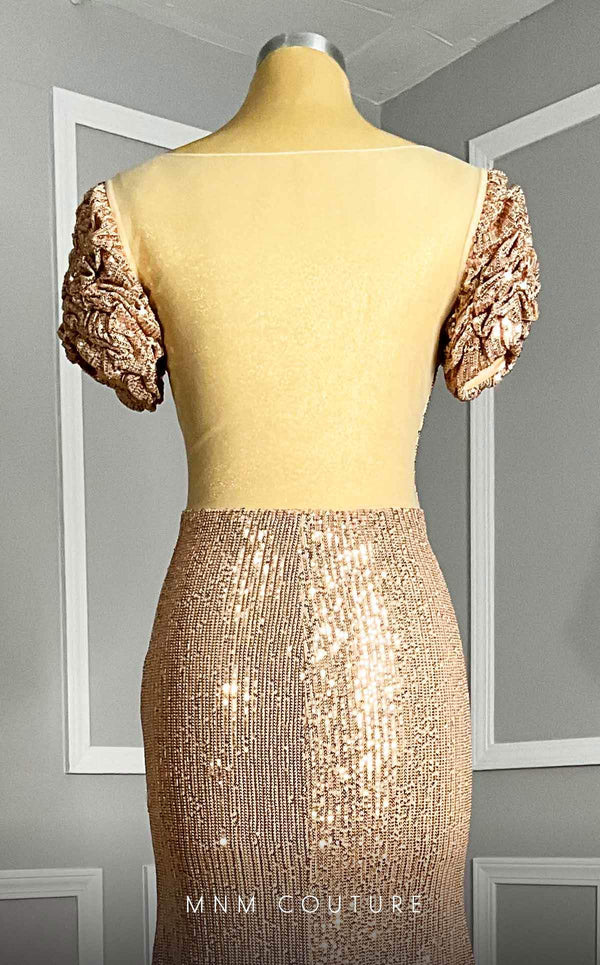 MNM Couture Style M0075 dress featuring sequin embroidery, illusion deep V-neckline, semi-flared silhouette, and ruffle cap sleeves. / Couture Shop LA