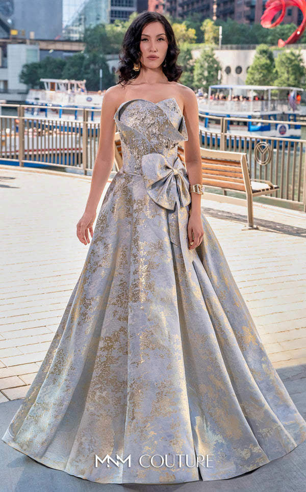 MNM Couture M0082 strapless evening gown with beaded bodice and shimmering brocade skirt. | Couture Shop LA