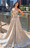 MNM Couture M0082 strapless evening gown with beaded bodice and shimmering brocade skirt. | Couture Shop LA