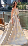 MNM Couture M0082 strapless evening gown with beaded bodice and shimmering brocade skirt. | Couture Shop LA