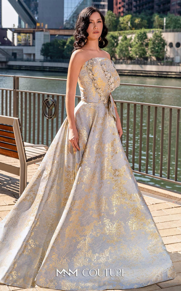 MNM Couture M0082 strapless evening gown with beaded bodice and shimmering brocade skirt. | Couture Shop LA