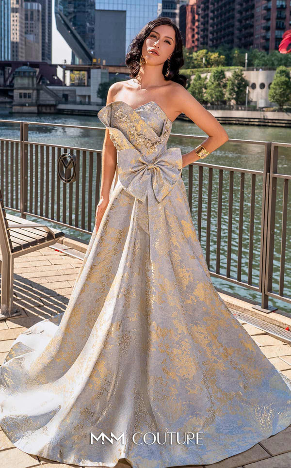MNM Couture M0082 strapless evening gown with beaded bodice and shimmering brocade skirt. | Couture Shop LA