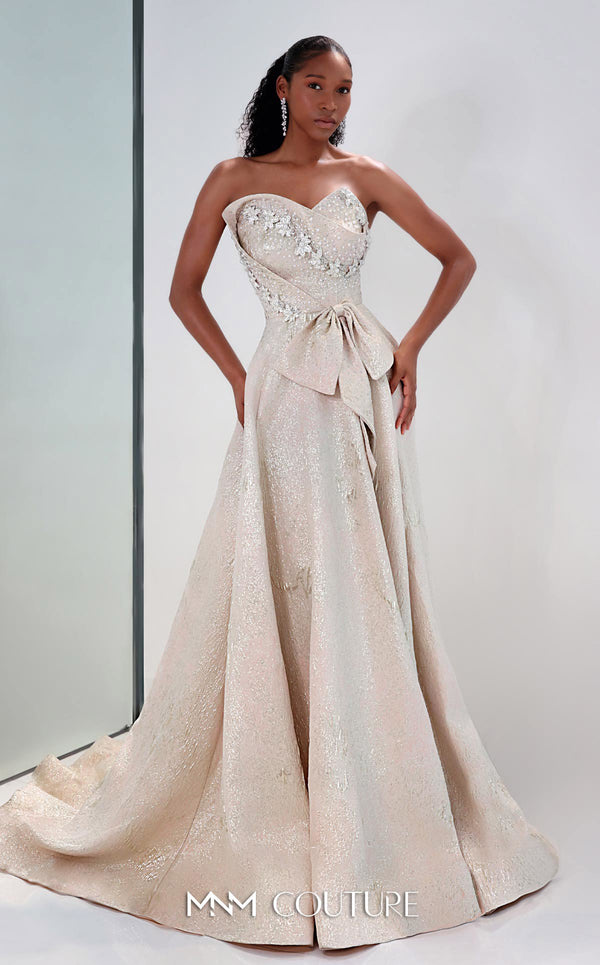 MNM Couture M0082 strapless evening gown with beaded bodice and shimmering brocade skirt. | Couture Shop LA