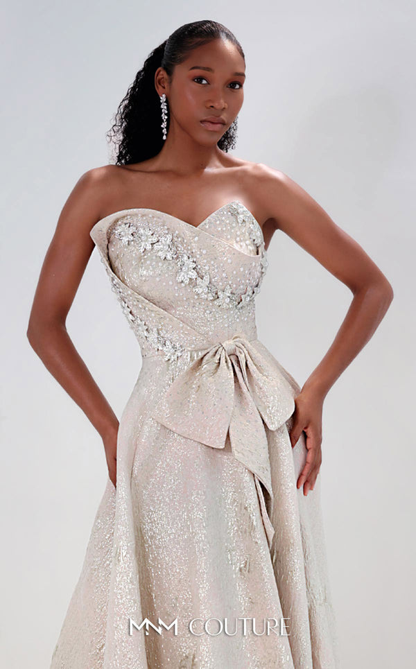 MNM Couture M0082 strapless evening gown with beaded bodice and shimmering brocade skirt. | Couture Shop LA