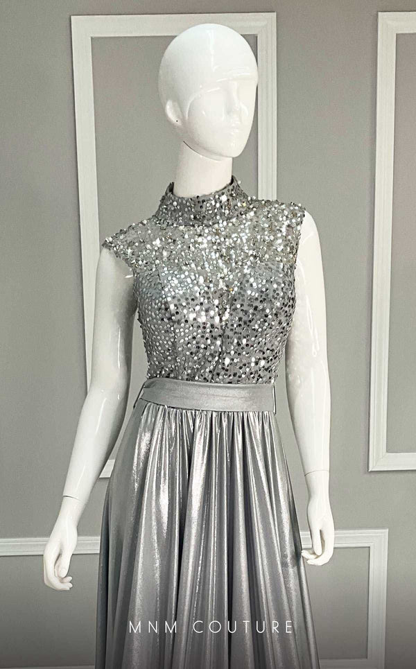 MNM Couture M0085 chiffon gown with flowing cape, beaded bodice, and daring side slits. | Couture Shop LA