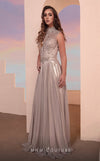 MNM Couture M0087 high-neck gown with embroidered bodice and flowing metallic Chiffon skirt. | Couture Shop LA
