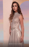 MNM Couture M0087 high-neck gown with embroidered bodice and flowing metallic Chiffon skirt. | Couture Shop LA