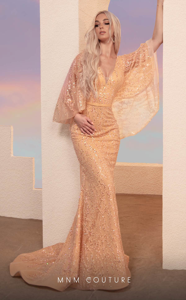MNM Couture M0106 sequin sheer mermaid gown with nude-illusion deep-V neckline and draped capelet sleeves | Couture Shop LA.