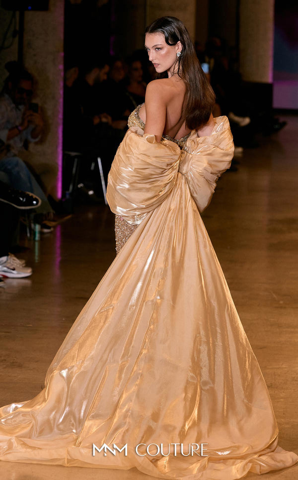 MNM Couture Style M1010 showcasing a sleeveless mermaid gown covered in gradient sequins and beading, with a round neckline and a removable long cape. | Couture Shop LA
