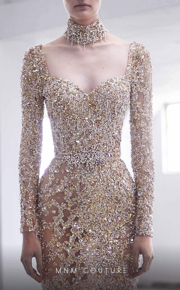 Illuminate the evening in this stunningly embroidered MNM Couture M1017 gown, accentuated with elegant beading and a graceful A-line silhouette. | Couture Shop LA