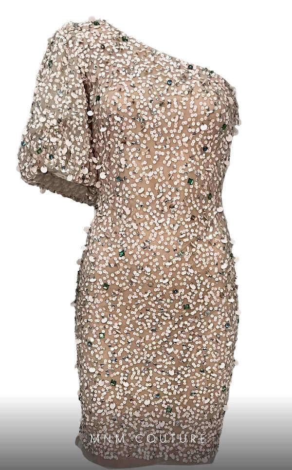 GLAM By MNM Couture M1036A mini dress with one side puff sleeve, asymmetric design, and sequins. | Couture Shop LA