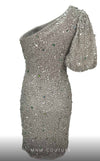 GLAM By MNM Couture M1036A mini dress with one side puff sleeve, asymmetric design, and sequins. | Couture Shop LA