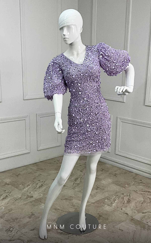GLAM By MNM Couture M1037A mini dress with puff sleeves, V neckline, and sequined embellishments. | Couture Shop LA