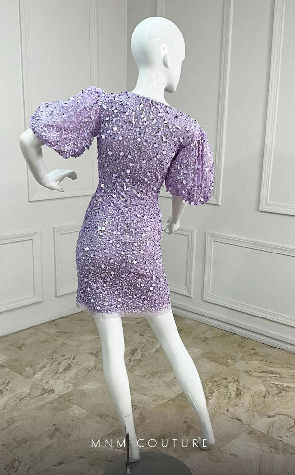 GLAM By MNM Couture M1037A mini dress with puff sleeves, V neckline, and sequined embellishments. | Couture Shop LA