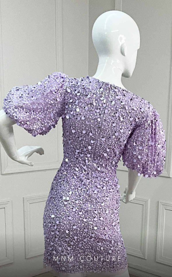GLAM By MNM Couture M1037A mini dress with puff sleeves, V neckline, and sequined embellishments. | Couture Shop LA