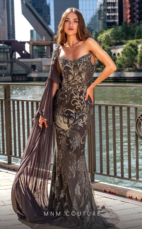 MNM Couture M1038 pleated silk mesh dress with one side cape sleeve, asymmetric design, and luxurious embroidery. | Couture Shop LA