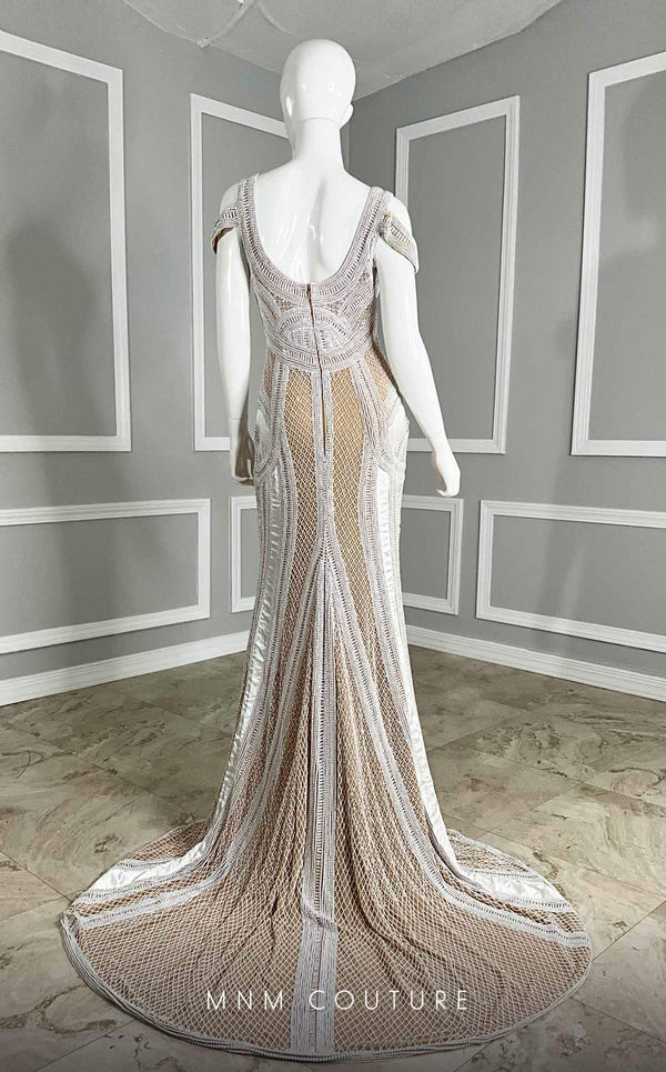 MNM Couture M1040 embroidered tulle back dress with double straps, off-shoulder style, and natural princess cut with a long train. | Couture Shop LA