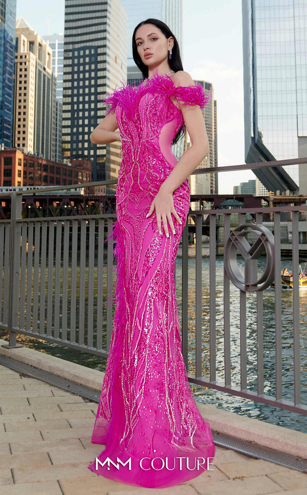 MNM Couture M1048 mesh� gown with all-over� embroidery, deep� sweetheart neckline, plumage detailing, and high side slit. | Couture Shop LA